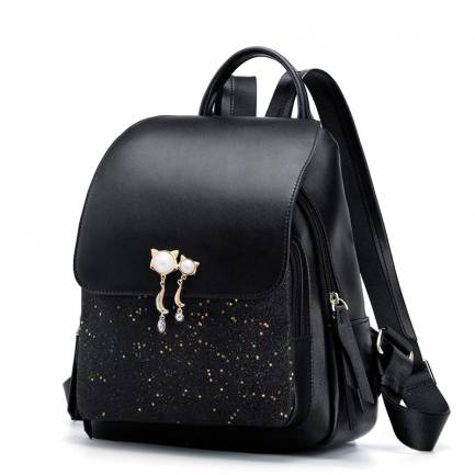 Foxer Mewy Women Leather Patchwork Zipper Backpack Black