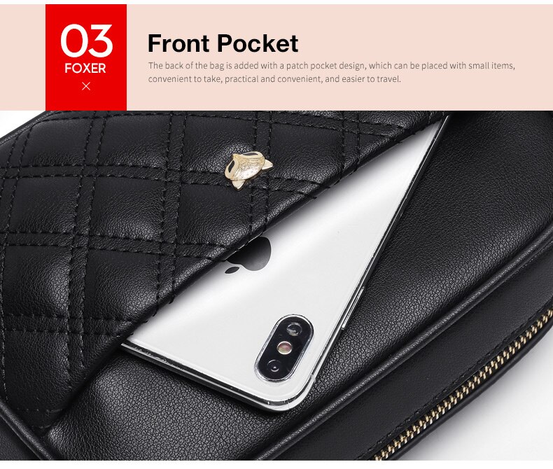 FOXER Office Lady Cowhide Leather Shoulder Bag Women Fashion Diamond Crossbody Bag Soft Black Chain Strap Messenger Bag For Girl