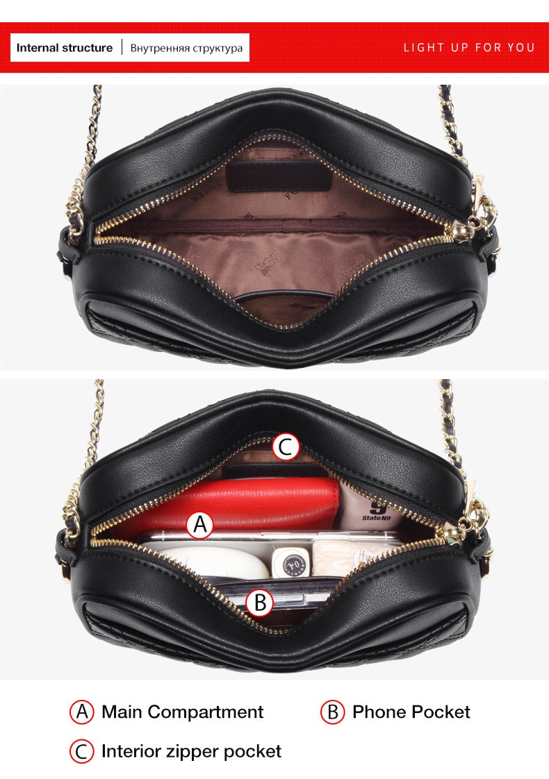 FOXER Office Lady Cowhide Leather Shoulder Bag Women Fashion Diamond Crossbody Bag Soft Black Chain Strap Messenger Bag For Girl