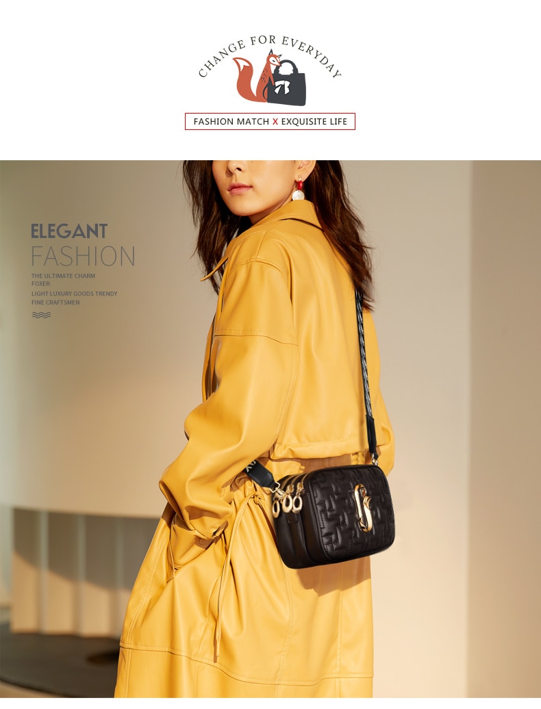 FOXER Female Square Crossbody Bag Three-tier Large Capacity Design Shoulder Bag Knitted Shoulder Straps Women Small Flap Bag